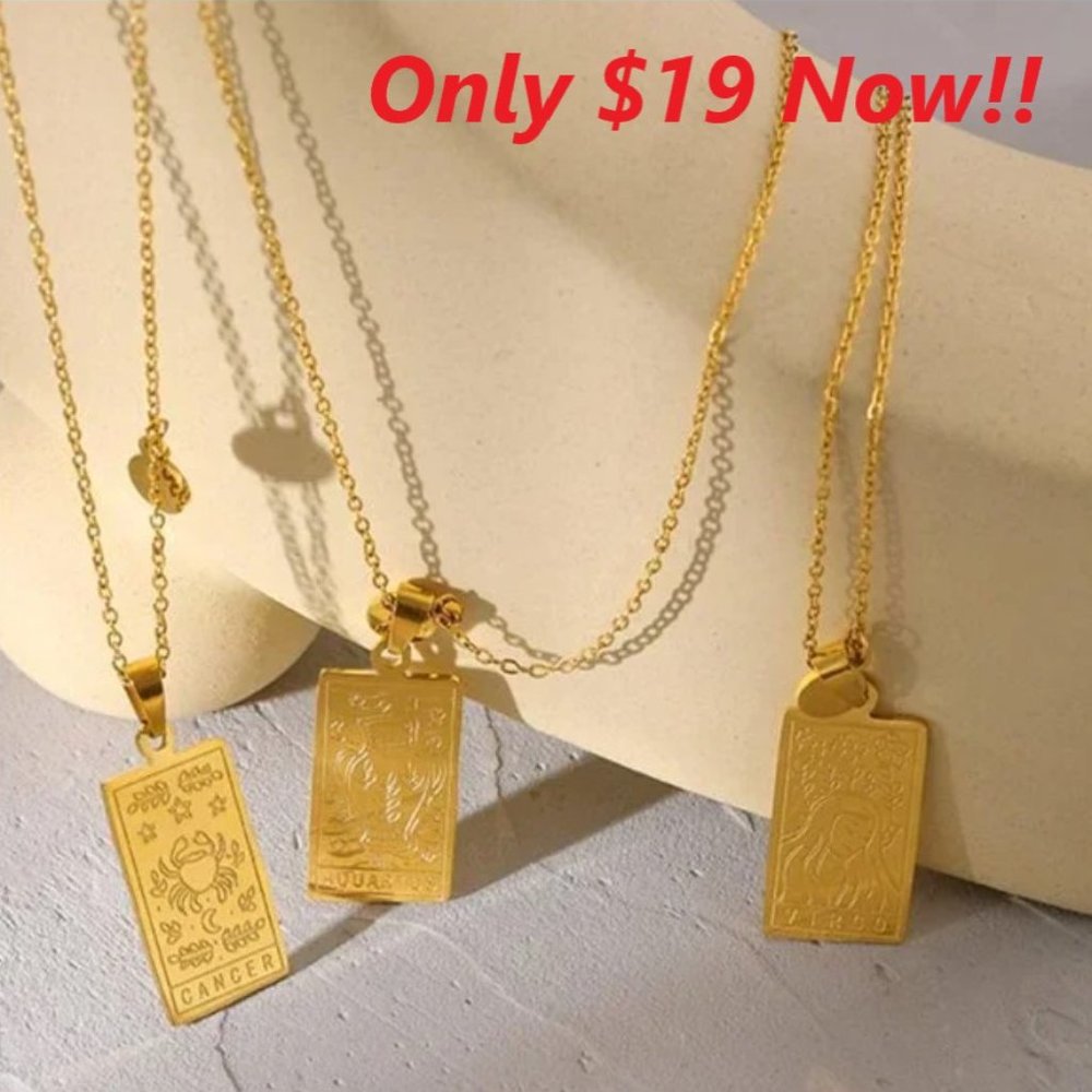 SALE!! 18K Gold Plated Zodiac Capricorn Sign Tarot Card Square Pendant Necklace - Picture 1 of 6